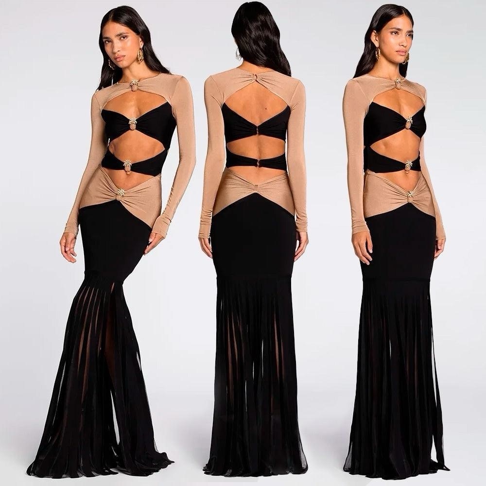 Pineapple-Embellished Cut-Out Brown& Black Maxi Dress